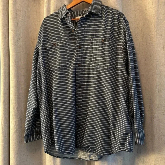 Duluth Size L Free Swinging Abyss Blue Stripe Flannel Relaxed Fit Shirt. - Picture 1 of 7